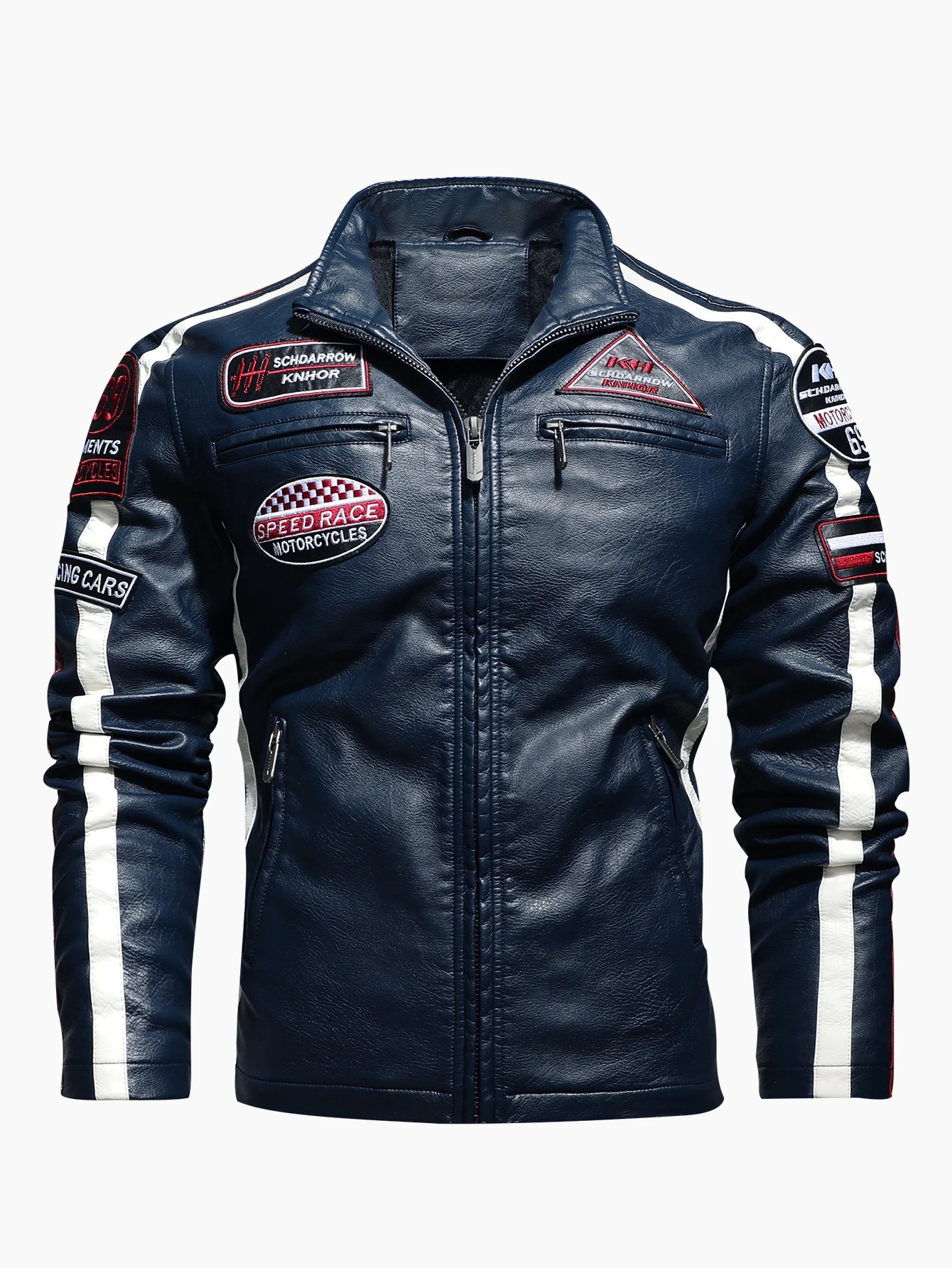 Men’s PU Leather Motorcycle Racing Jacket – Color-Block Design