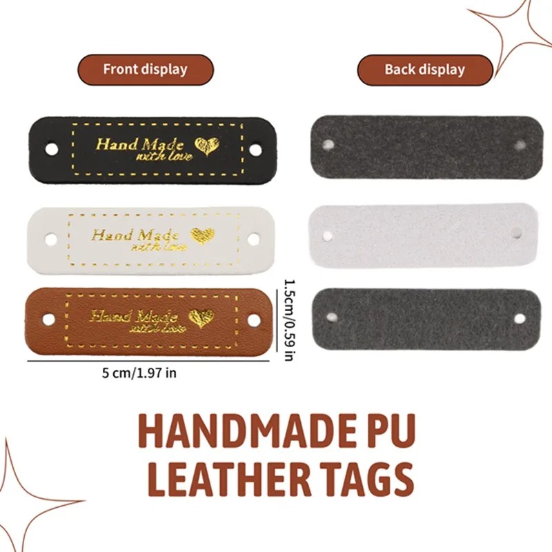 60pcs Handmade PU Leather Tags – Faux Leather Sew-On Labels with Holes for DIY Crafts & Knit Embellishments