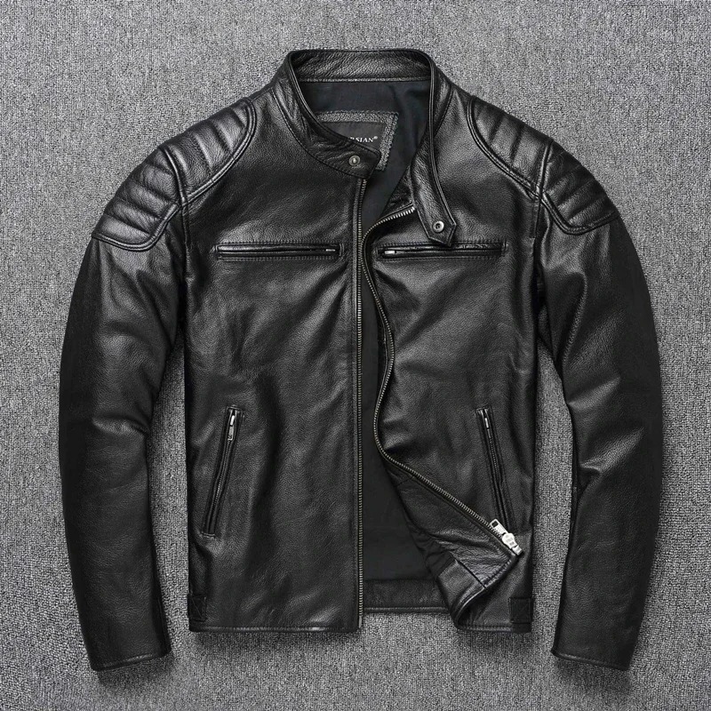 Men’s 100% Cowhide Leather Motorcycle Jacket – Stand Collar, Top Layer Leather, Plus Size