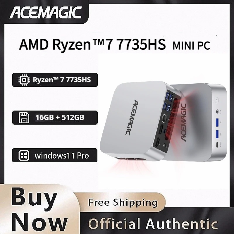 AMD Ryzen 7 7735HS Mini PC – 16GB DDR5, 512GB NVMe SSD, Triple 4K Display, WiFi 6, BT 5.2, Windows 11 Pro