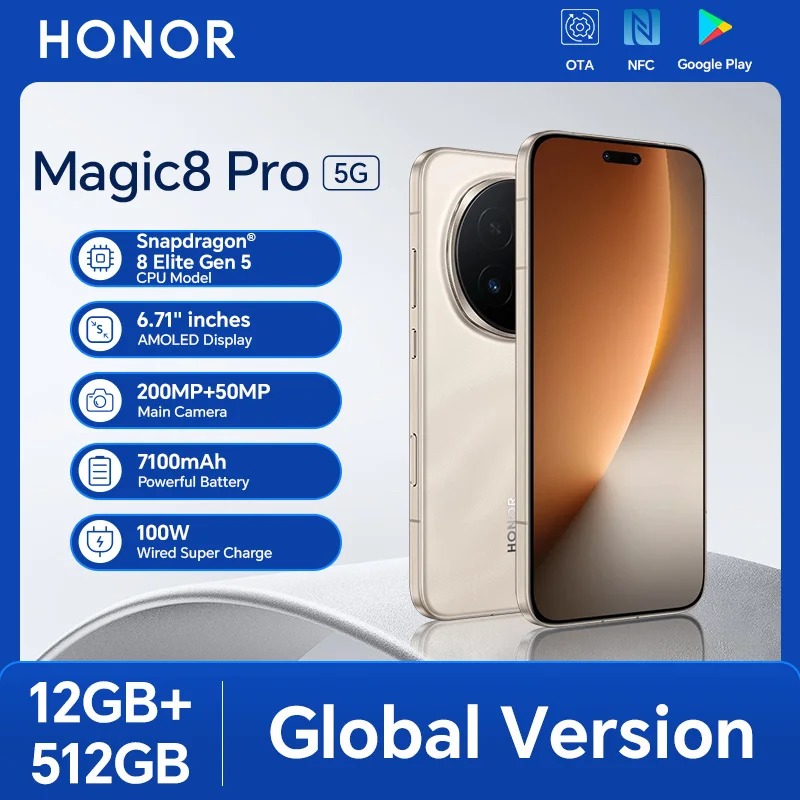 HONOR Magic8 Pro Global – 12GB+512GB, 6.71″ 120Hz OLED, 200MP Cameras, 7100mAh Battery, 100W SuperCharge, Android 16
