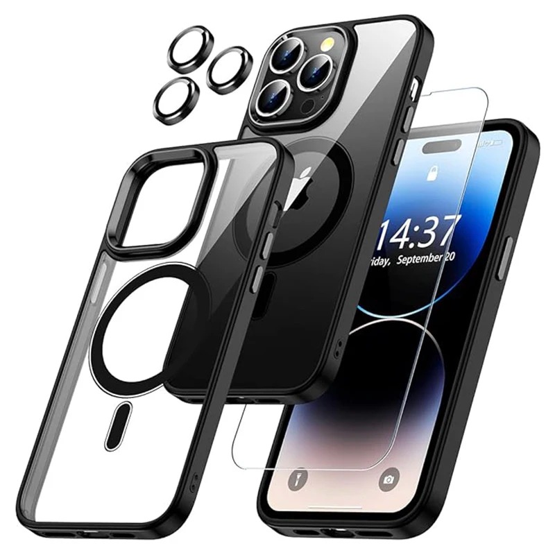 Clear Black Magnetic Case for iPhone 11–17 Series – Includes Screen & Lens Protection